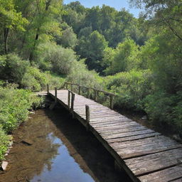 A rustic wooden bridge spanning over a serene creek, surrounded by dense greenery, under a clear, blue sky.