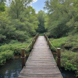 A rustic wooden bridge spanning over a serene creek, surrounded by dense greenery, under a clear, blue sky.