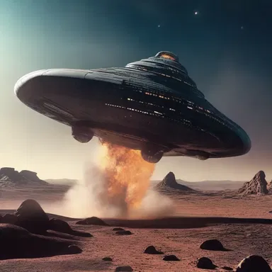 The spaceship blasted off and accelerated rearwards toward distant galaxies in the science fiction movie.