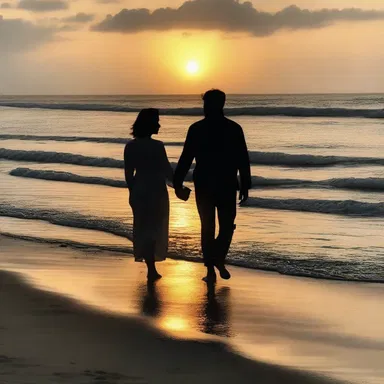 In the romantic film, the couple walked rearwards along the beach, hand in hand, enjoying the sunset.