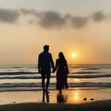 In the romantic film, the couple walked rearwards along the beach, hand in hand, enjoying the sunset.