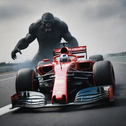 A Formula 1 racing car at full speed facing a towering, menacing monster on a racing track