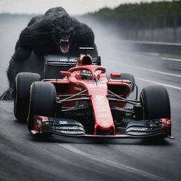 A Formula 1 racing car at full speed facing a towering, menacing monster on a racing track