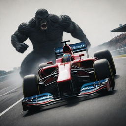 A Formula 1 racing car at full speed facing a towering, menacing monster on a racing track