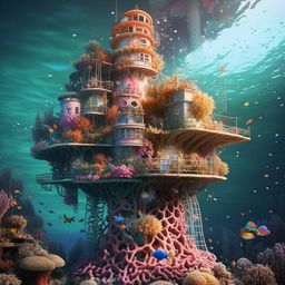 A floating mermaid tower beneath the water's surface, made from a vibrant coral reef structure. Large, colorful, habitable bubbles are nestled among the corals.