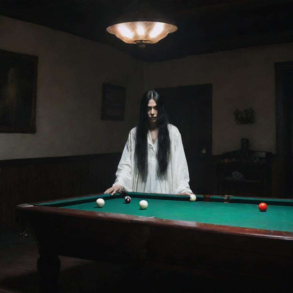 A Kuntilanak, an Indonesian ghostly figure draped in white with long black hair, solemnly playing billiards in a dimly lit, eerie room. 