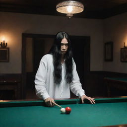 A Kuntilanak, an Indonesian ghostly figure draped in white with long black hair, solemnly playing billiards in a dimly lit, eerie room. 