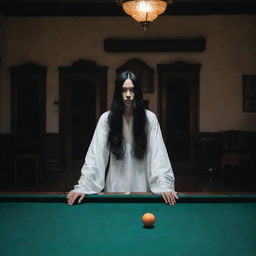 A Kuntilanak, an Indonesian ghostly figure draped in white with long black hair, solemnly playing billiards in a dimly lit, eerie room. 