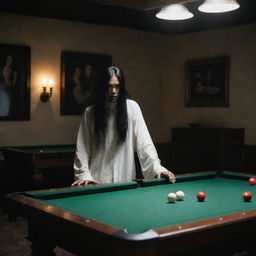 A Kuntilanak, an Indonesian ghostly figure draped in white with long black hair, solemnly playing billiards in a dimly lit, eerie room. 