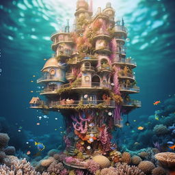 A floating mermaid tower beneath the water's surface, made from a vibrant coral reef structure. Large, colorful, habitable bubbles are nestled among the corals.