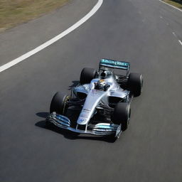 A sleek Mercedes Formula 1 car, gliding alongside a majestic, running wolf on a seemingly endless asphalt road.