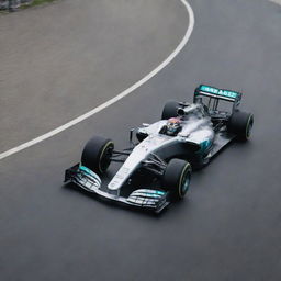 A sleek Mercedes Formula 1 car, gliding alongside a majestic, running wolf on a seemingly endless asphalt road.