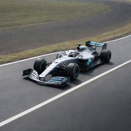 A sleek Mercedes Formula 1 car, gliding alongside a majestic, running wolf on a seemingly endless asphalt road.