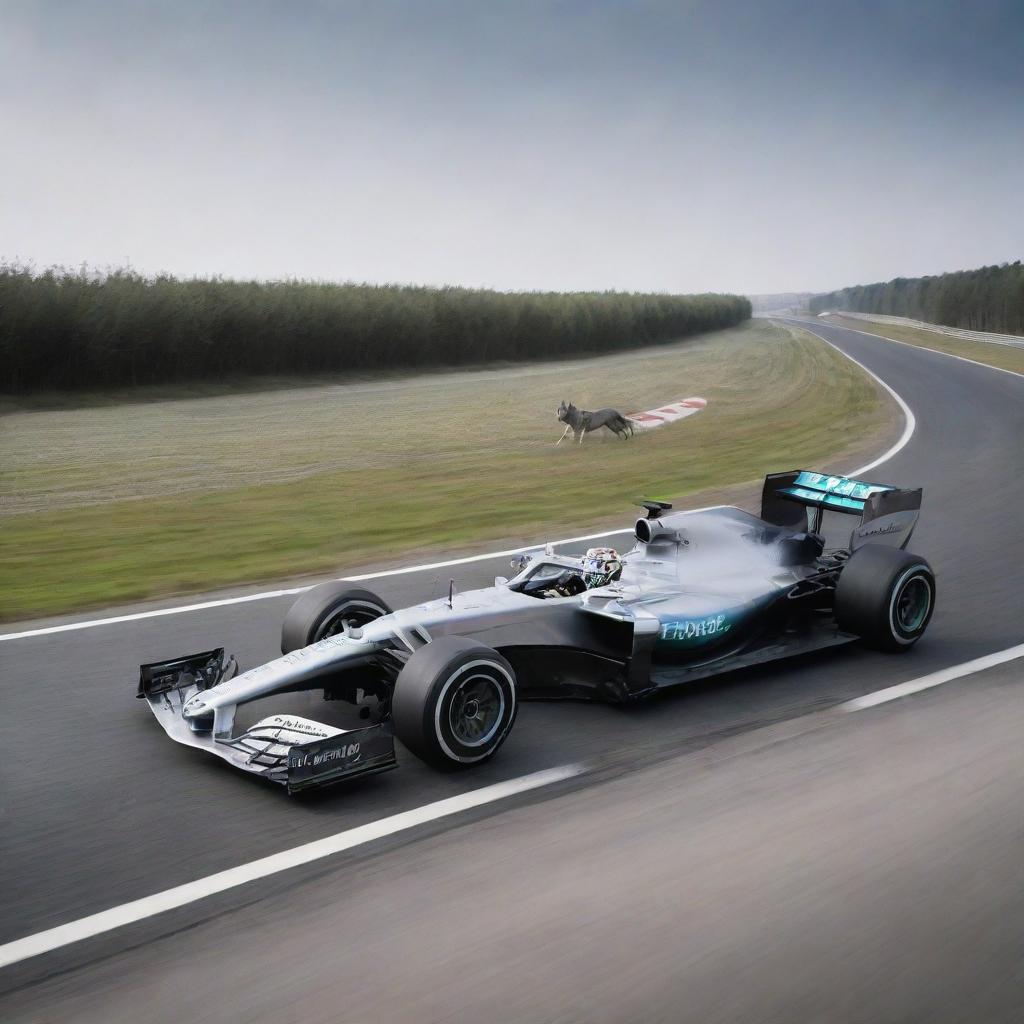 A sleek Mercedes Formula 1 car, gliding alongside a majestic, running wolf on a seemingly endless asphalt road.