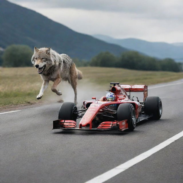 A high-speed Formula 1 racing car cruising beside a swift and majestic running wolf on an open road.