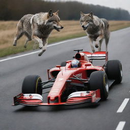 A high-speed Formula 1 racing car cruising beside a swift and majestic running wolf on an open road.