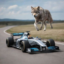 A high-speed Formula 1 racing car cruising beside a swift and majestic running wolf on an open road.