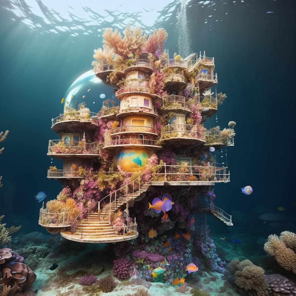 A floating mermaid tower beneath the water's surface, made from a vibrant coral reef structure. Large, colorful, habitable bubbles are nestled among the corals.