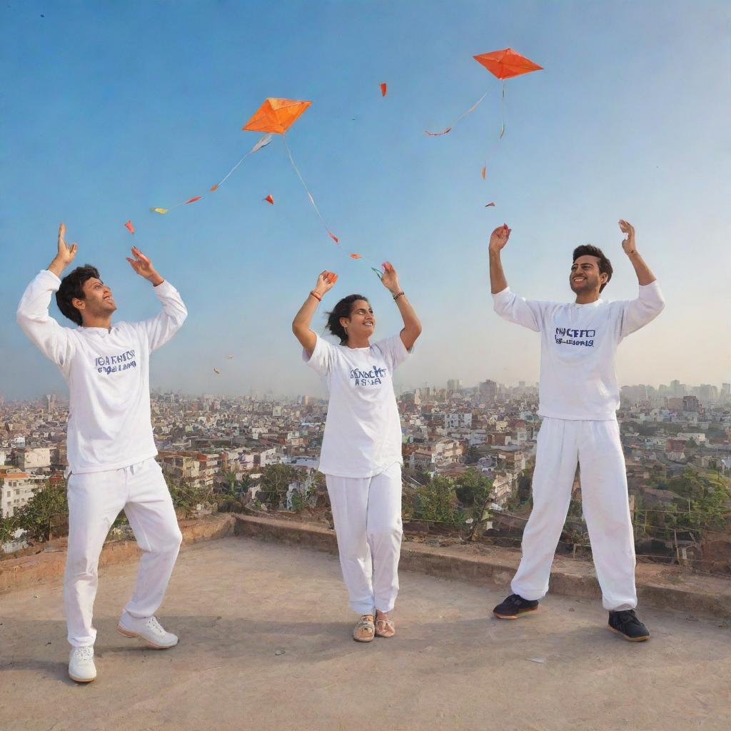 A 3D image of friends, Smit, Jay, and Maulin, all wearing white jerseys with their names on them, joyfully fly kites on a rooftop. The scene is an expression of Makar Sankranti celebrations with 'Happy Makarsankranti 2024' prominently featured.