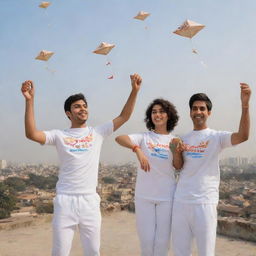 A 3D image of friends, Smit, Jay, and Maulin, all wearing white jerseys with their names on them, joyfully fly kites on a rooftop. The scene is an expression of Makar Sankranti celebrations with 'Happy Makarsankranti 2024' prominently featured.