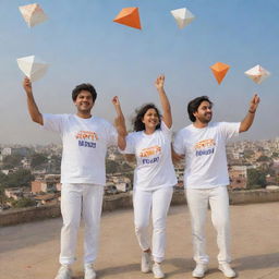 A 3D image of friends, Smit, Jay, and Maulin, all wearing white jerseys with their names on them, joyfully fly kites on a rooftop. The scene is an expression of Makar Sankranti celebrations with 'Happy Makarsankranti 2024' prominently featured.