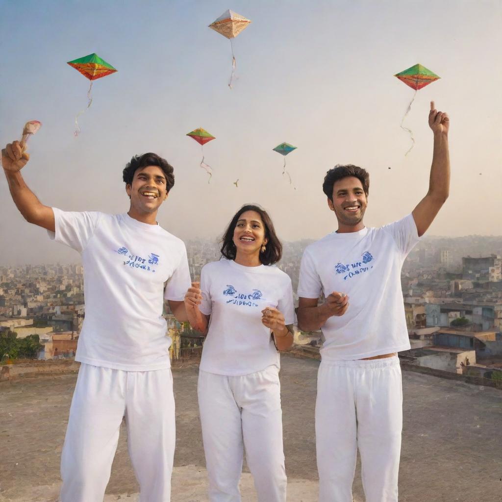 A 3D image of friends, Smit, Jay, and Maulin, all wearing white jerseys with their names on them, joyfully fly kites on a rooftop. The scene is an expression of Makar Sankranti celebrations with 'Happy Makarsankranti 2024' prominently featured.