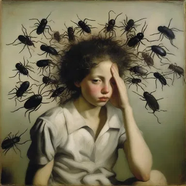 The painting focuses on the suffering caused by pediculosis capitis, and portrays the infestation of head lice in a symbolic and dramatic manner.