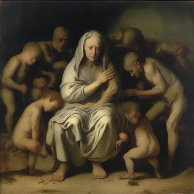 The painting focuses on the suffering caused by pediculosis capitis, and portrays the infestation of head lice in a symbolic and dramatic manner.