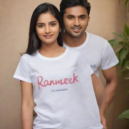 A romantic image of a T-shirt with the names 'Diljeet' and 'Ramneek' elegantly inscribed on it, surrounded by a soft and dreamy aura of love.