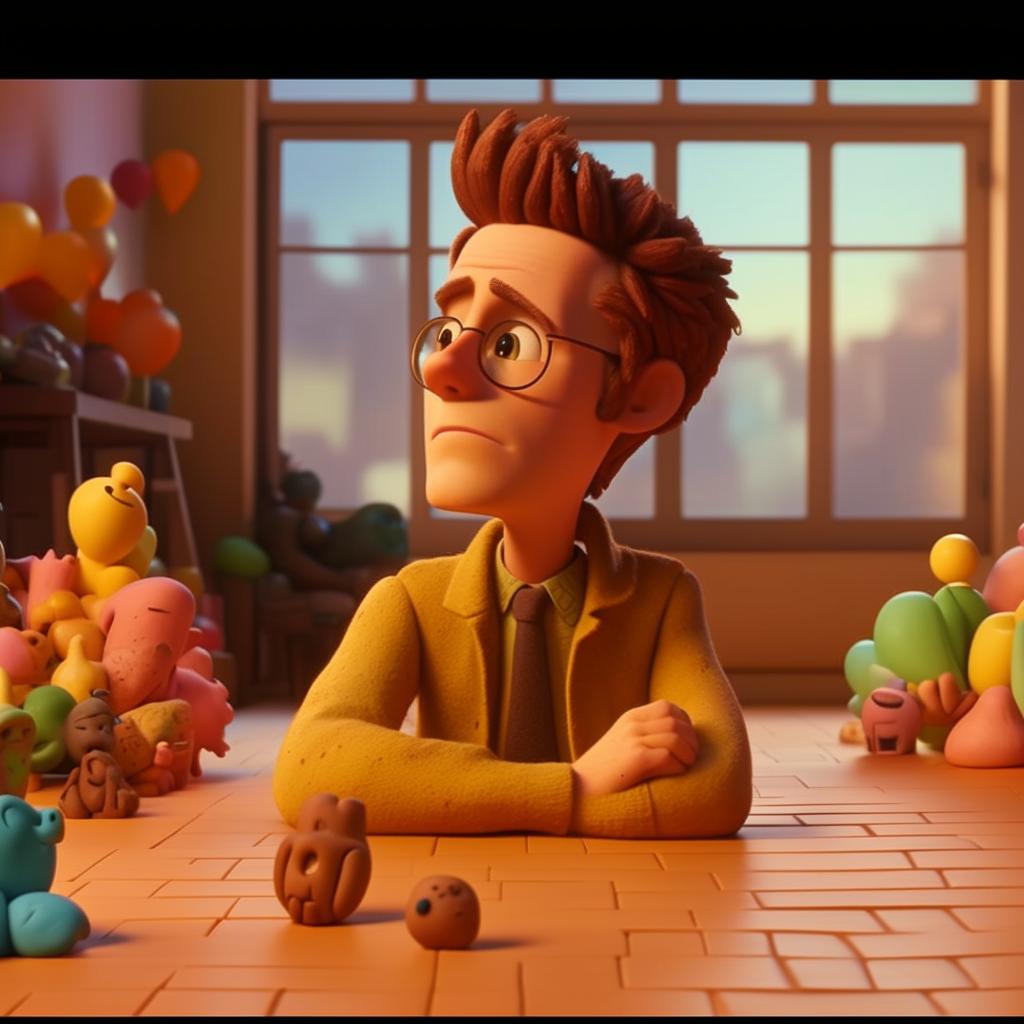 Create an image in vibrant claymation where Steve Carrell, depicting the character Chad, is daydreaming about future possibilities but also showcasing a sense of weariness from a monotonous routine.