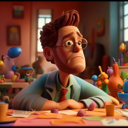 Create an image in vibrant claymation where Steve Carrell, depicting the character Chad, is daydreaming about future possibilities but also showcasing a sense of weariness from a monotonous routine.