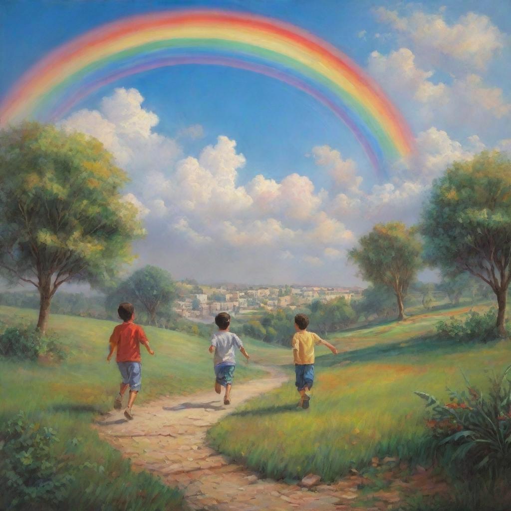 Serene depiction of Palestinian children playing peacefully in a picturesque heavenly setting, full of lush greenery, vibrant rainbows, and splendidly ethereal clouds.