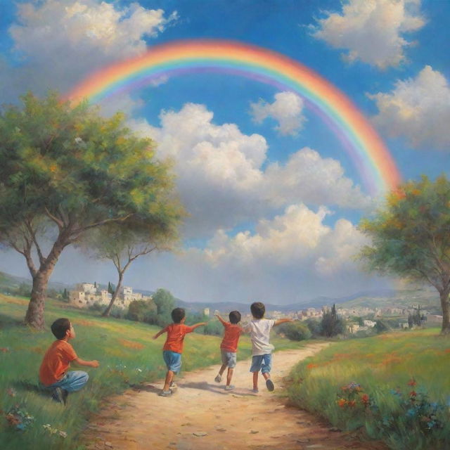 Serene depiction of Palestinian children playing peacefully in a picturesque heavenly setting, full of lush greenery, vibrant rainbows, and splendidly ethereal clouds.