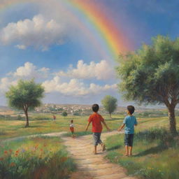 Serene depiction of Palestinian children playing peacefully in a picturesque heavenly setting, full of lush greenery, vibrant rainbows, and splendidly ethereal clouds.