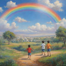 Serene depiction of Palestinian children playing peacefully in a picturesque heavenly setting, full of lush greenery, vibrant rainbows, and splendidly ethereal clouds.