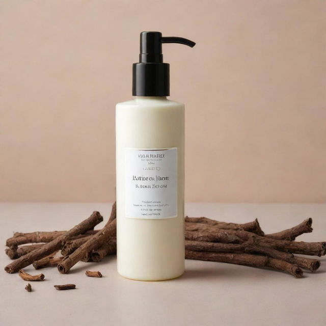 A luxurious body lotion product featuring licorice root, standing tall in an elegantly designed bottle, with licorice roots scattered around the base