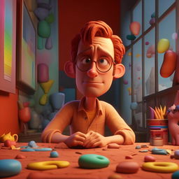 Create an image in vibrant claymation where Steve Carrell, depicting the character Chad, is daydreaming about future possibilities but also showcasing a sense of weariness from a monotonous routine.