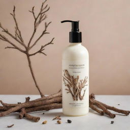 A luxurious body lotion product featuring licorice root, standing tall in an elegantly designed bottle, with licorice roots scattered around the base