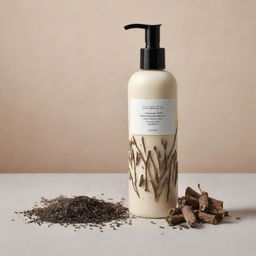 A luxurious body lotion product featuring licorice root, standing tall in an elegantly designed bottle, with licorice roots scattered around the base