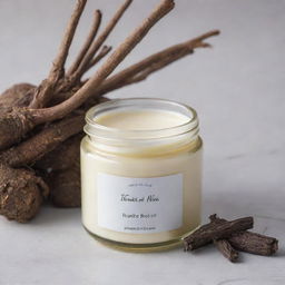 A soothing cream product infused with licorice root, housed in a robust jar, with licorice roots and cream texture visibly appealing in the foreground.