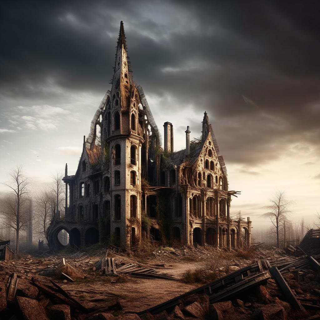 A Gothic spired house, epitomizing intricate architecture, half ruined by a post-apocalyptic future event. Display a dramatic depiction of deterioration and desolation yet maintaining the awe-inspiring element of Gothic architecture.