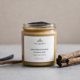 A soothing cream product infused with licorice root, housed in a robust jar, with licorice roots and cream texture visibly appealing in the foreground.