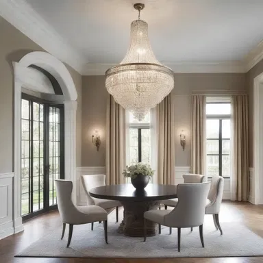 The grand chandelier hanging in the center of the room acts as the cynosure, attracting attention and providing a focal point for the entire space.