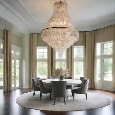 The grand chandelier hanging in the center of the room acts as the cynosure, attracting attention and providing a focal point for the entire space.