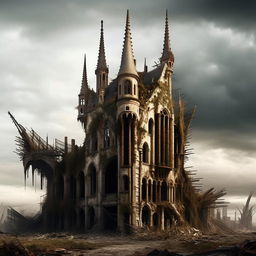 A Gothic spired house, epitomizing intricate architecture, half ruined by a post-apocalyptic future event. Display a dramatic depiction of deterioration and desolation yet maintaining the awe-inspiring element of Gothic architecture.