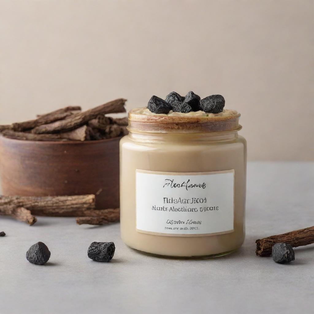 A soothing cream product infused with licorice root, housed in a robust jar, with licorice roots and cream texture visibly appealing in the foreground.