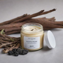 A soothing cream product infused with licorice root, housed in a robust jar, with licorice roots and cream texture visibly appealing in the foreground.