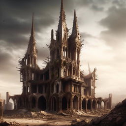 A Gothic spired house, epitomizing intricate architecture, half ruined by a post-apocalyptic future event. Display a dramatic depiction of deterioration and desolation yet maintaining the awe-inspiring element of Gothic architecture.