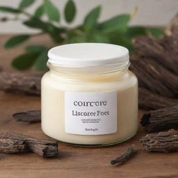 A soothing cream product infused with licorice root, housed in a robust jar, with licorice roots and cream texture visibly appealing in the foreground.