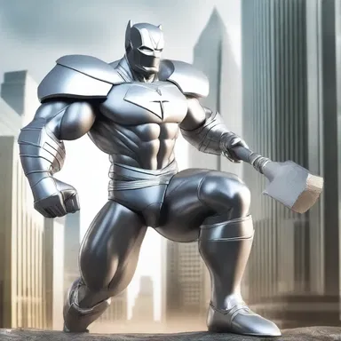 The superhero, armed with incredible strength, wielded a mighty hammer crafted from white metal, ready to defend the city from any evil that threatened its peace.